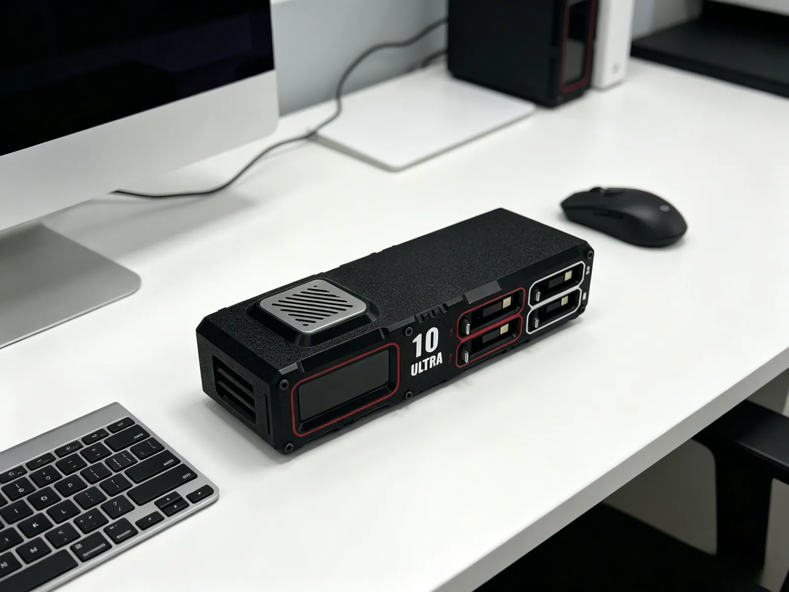 C10 Active Dock in Graphite on a white desk beside a keyboard